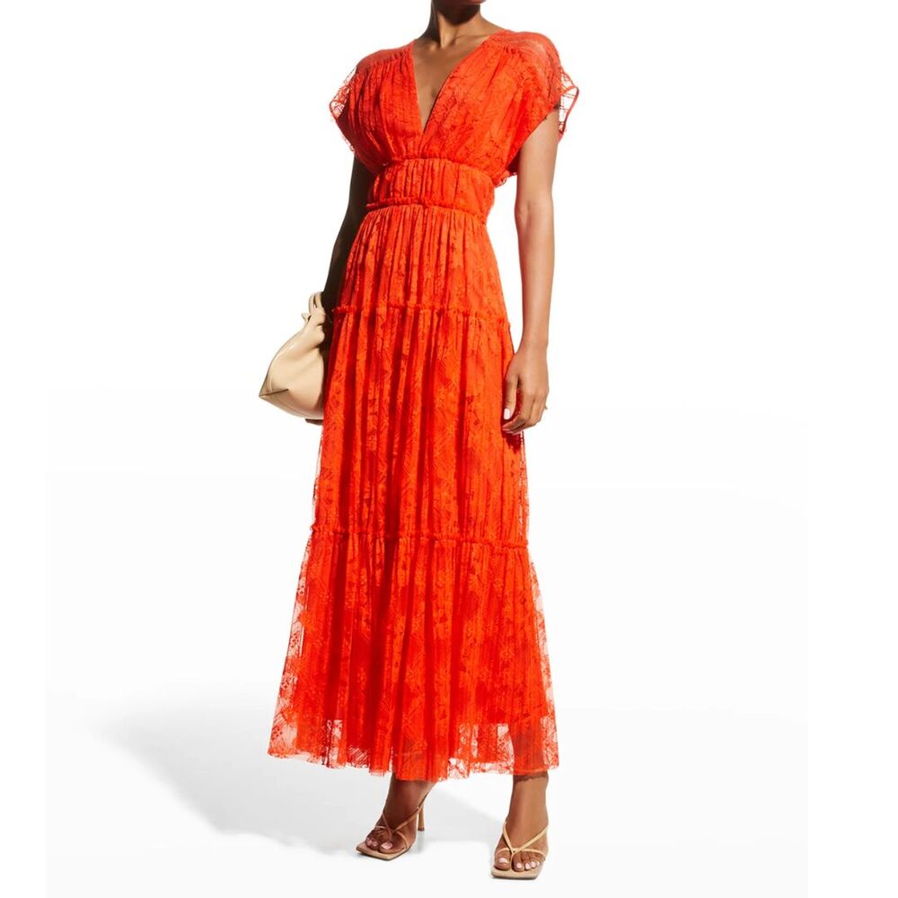 Lela Rose Chantilly Lace Tiered Maxi Dress 6‎ Vermilion Orange Red $1790